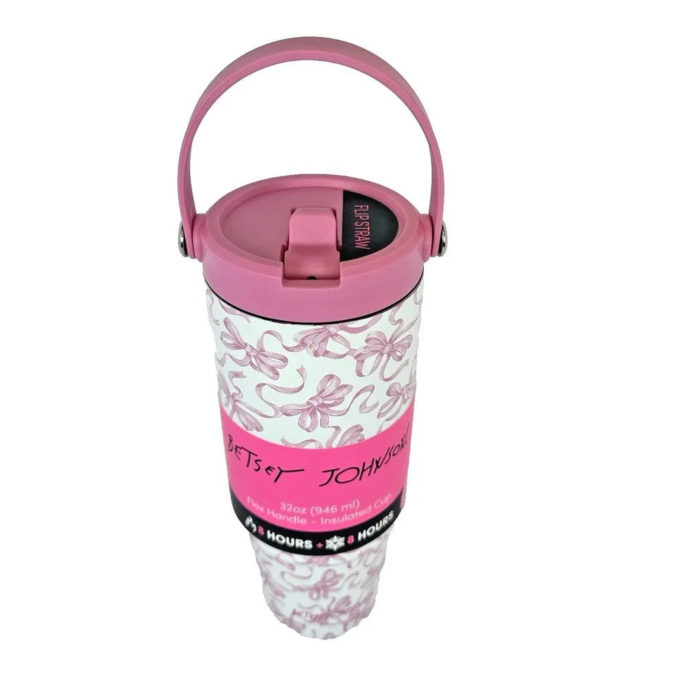 Betsey Johnson Pink Bow 32 oz Insulated Tumbler Flip Straw Handle Coquette Cup